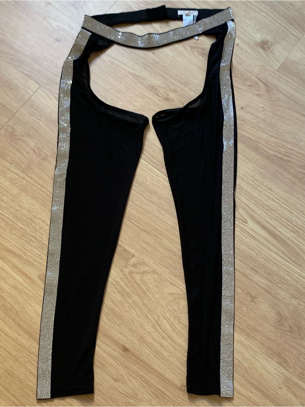 MY BOO  black open-crotch chaps pants featuring a rhinestone or sequin glitter